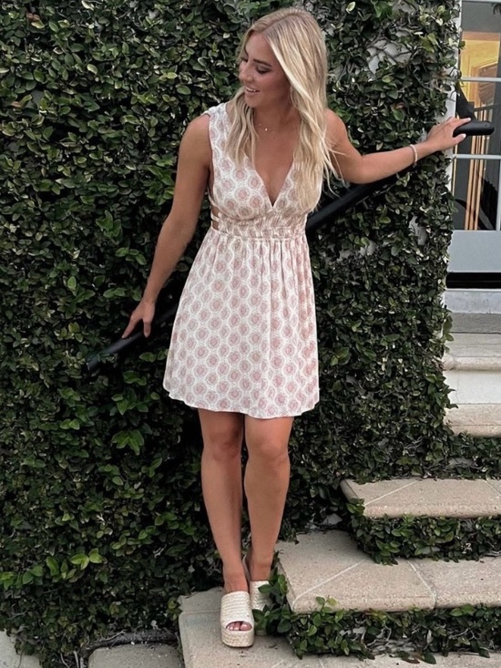 Papermoon Dresses & Skirts - Papermoon White and Pink Printed V-Neck Mini Dress